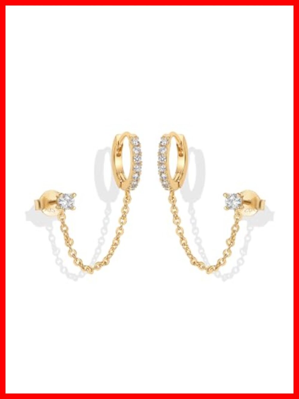 14K Yellow Gold Plated CZ Dangle Chain Earrings Huggie Hoop Stud Set